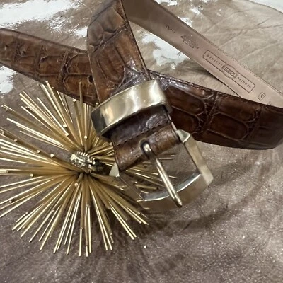 Fossil Leather Embossed Crocodile Belt Caramel Color Cowhide Gold Buckle Small — 第 1/4 张图片