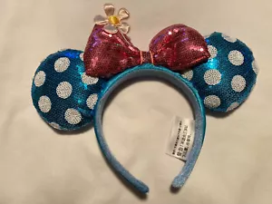 Disney Parks Flower Bow Blue Pink Polka Dot Sequins Minnie Mouse Ears Headband - Picture 1 of 2