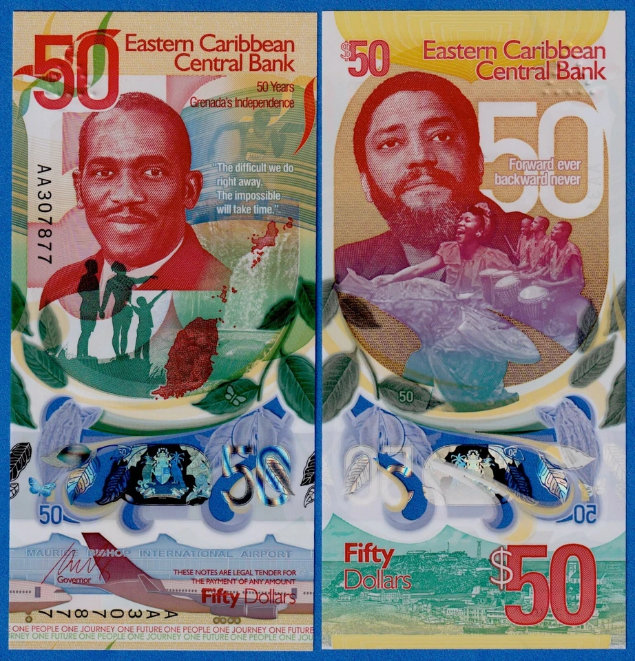 East Caribbean 50 Dollars 2024 P 62 50th Grenada Commemorative Polymer UNC AA - Image 1 of 3