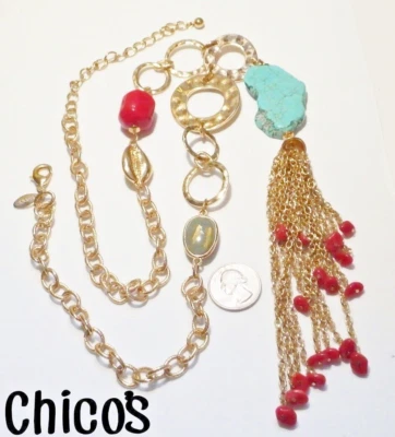 CHICO's Nyssa Howlite Turquoise Stone & Sim Red Coral Y-Necklace w/Tassel 32"+8" - Image 1 of 4