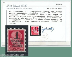 55534 - RSI - Varietà: Sassone 495A errore colore soprastampa CERTIFICATO: COLLA - Picture 1 of 1