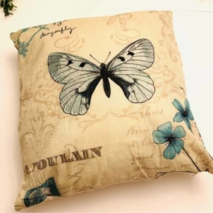 Beige/teal blue butterfly patterned square pillow new 14x14 home - Picture 1 of 4