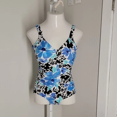 Traje de baño adelgazante Gabar acanalado de una pieza ~ talla 12 ~ floral azul y blanco Foto 1 de 4