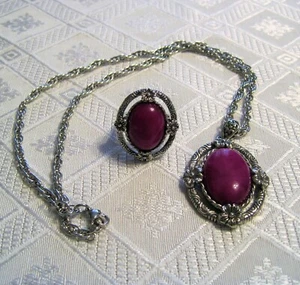 Lila Imperial Jaspis schwarz oxidierter Edelstahl RING Größe 7 & Halskette Set - Bild 1 von 10