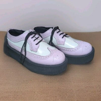T.U.K. Zapatos Viva Suela Alta Creeper Rosa Blanco Cuero Punta de Ala Zapatos EU37 US 6 Foto 1 de 4