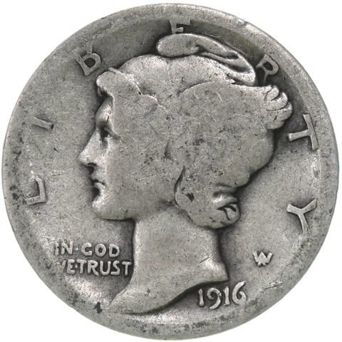 1916 S Mercury Dime 90% Silver About Good AG Cover