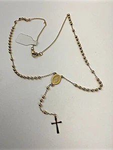 GOLD Stainless Steel ~Beaded Rosary VIRGIN MARY With CROSS 18" Necklace GOLD - Picture 1 of 5