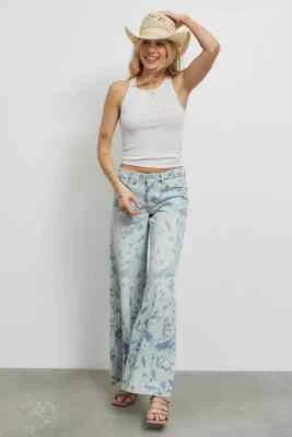 Jeans UO BDG 27 BAJOS Y ANCHOS FLORAL Estampado Denim Algodón Pierna Ancha Lavado Ligero Nuevos con Etiquetas Foto 1 de 4