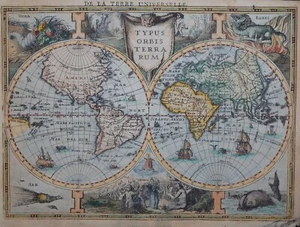 MAPPA DEL MONDO WORLDMAP TYPUS ORBIS TERRARUM MERCATOR CLOPPENBURG ANTICA COLORATA 1630 - Foto 1 di 12