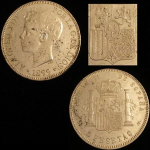 SPAIN, 715-ALFONSO XIII, 5 PESETAS 1899*18-99, MADRID SG V, ALMOST UNCIRCULATED. - Picture 1 of 3