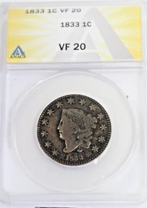 1833 Coronet Head Large Cent : ANACS VF20 - Picture 1 of 4