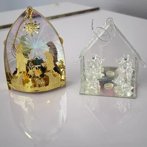 Brass Filigree Hanging Christmas Ornament Holograph Manger Scene Also Glass One - Picture 1 of 12