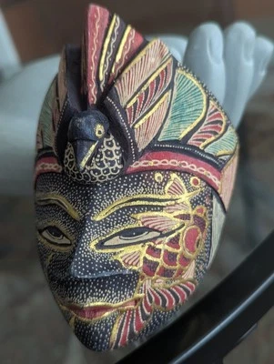 Wood Batik Wall Art Mask Decorative Hanging Bali Travel Ornament Bird Thailand - Image 1 of 4