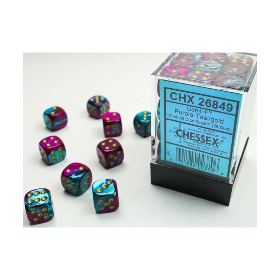 Chessex Würfel Gemini Purple-Teal/Gold 12mm D6 Dice Block (36 Würfel) CHX26849 - Bild 1 von 1