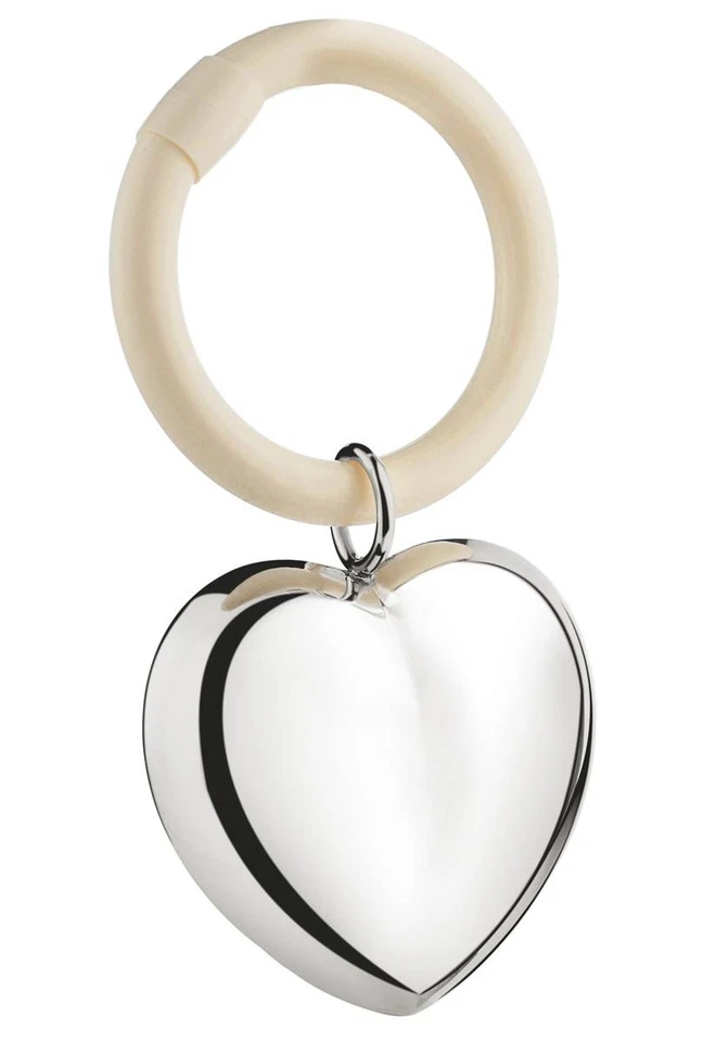 Kinder-Greifring Babyrassel versilbert Rassel Beißring mit Herz-Motiv ca Ø 10 cm - Bild 1 von 1