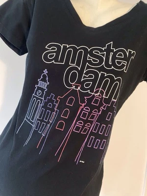 Vintage Graphic Tee Tshirt Amsterdam City Skyline Black Cotton Med Fox Brand - Image 1 of 4