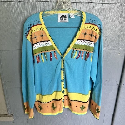 Storybook Knits Knit Cardigan Sweater HSN Exclusive Women’s L Blue Southwest - Imagem 1 de 4