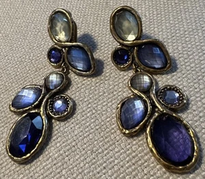 VTG Brass Purple & Light Green Glass Dangling Stone Clip-on Earrings 2 3/4” - Picture 1 of 4