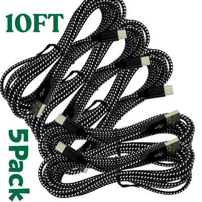 Лот из 5 плетеных кабелей зарядного устройства USB-A на тип C для быстрой зарядки синхронизации шнур USB 10 футов - Изображение 1 из 4