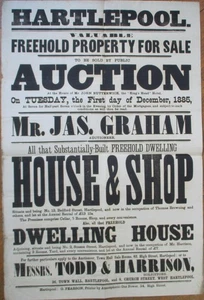 Cartel de subasta Hartlepool Inglaterra 1885, casa y tienda en venta, Jas. Graham Reino Unido - Imagen 1 de 2