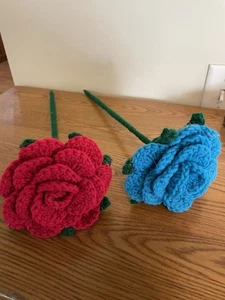 Handmade Crocheted Red and Blue Roses Flowers Set of 2 - Picture 1 of 5