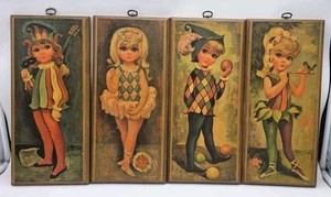Vintage Goji 4er Set Kinderdruck mit großen Augen auf Holzplakette 16,5" Wandkunst 1965 - Bild 1 von 5