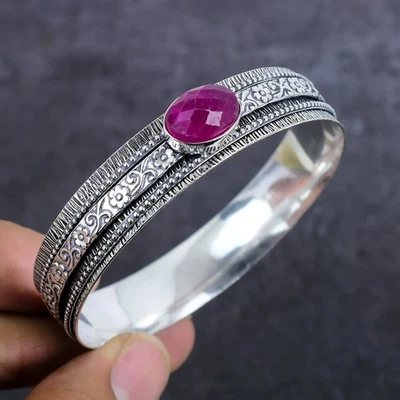 Kashmir Ruby(Simulated)Gemstone 925 Sterling Silver Cuff Bangle 7 X-Mas Gift f88 - Image 1 of 4