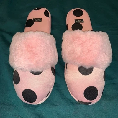 Victoria Secret розовый с черный горошек с "мех" отделки тапочки - M - Изображение 1 из 4