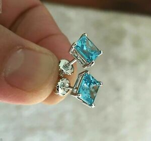 1Ct Princess Cut Blue Topaz Womens Solitaire Stud Earring 14K Yellow Gold Finish