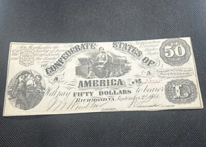 1861 NOTE ... CONFEDERATE STATES OF AMERICA FIFTY DOLLARS RICHMOND VIRGINIA - Picture 1 of 4