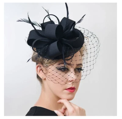 Classic Funeral Wake Hat Birdcage Veil Flower Feather Side Wedding Fascinator - Image 1 of 4