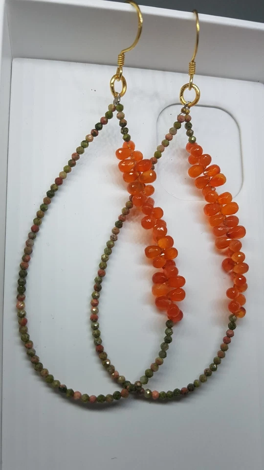 Corniola e pietra preziosa unakite orecchino argento sterling 925 gioiello re... - Immagine 1 di 4