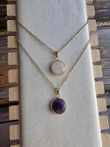 14k Gold Rose Quartz & Amethyst Pendant Necklaces Birthday Gifts for Women - Picture 1 of 7