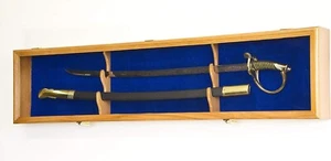 Sword Display Case Oak & Blue Saber USMC NCO Navy Katana Blade Wood Wall Cabinet - Picture 1 of 19