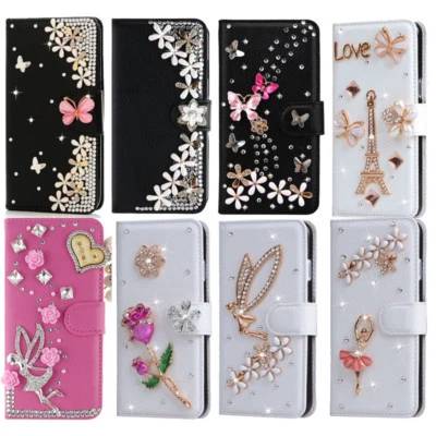 Elegant Rose Flower Bling Crystal Rhinestone Wallet Leather Case For Cell Phone - Image 1 of 4