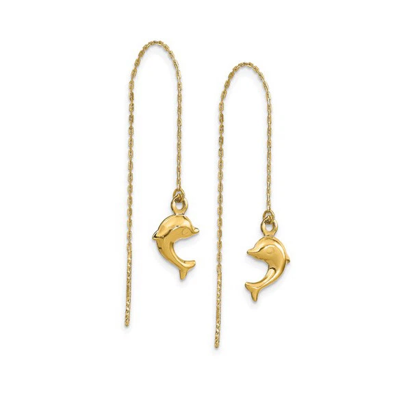 14k Yellow Gold Dangle Petite Dainty Drop Puffed Dolphin Fine Threader Earrings - Image 1 of 4