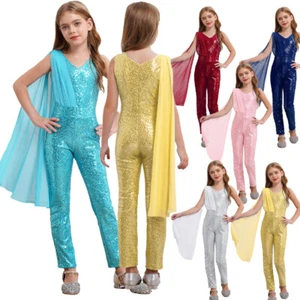 Kids Girls-Sequin Jumpsuit V-neck Sleeveless Sparkly Chiffon Wedding Party Prom - Picture 1 of 68