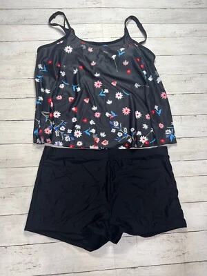 Tankini sin mangas y pantalones cortos de natación de dos piezas fluidos suaves con control abdominal para mujer talla 2XL Foto 1 de 4