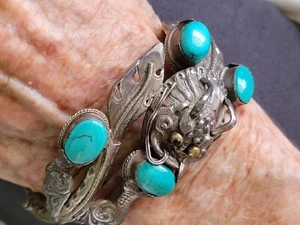 Vintage Sterlingsilber 925 Kada Drachengesicht Türkis Scharnier Armband 7" 38 Gramm - Bild 1 von 14
