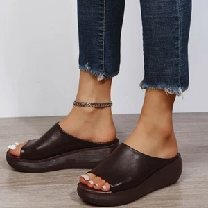 New Women Sandals Wedge Slipper Peep Toe Beach Slide Slip On Platform Heel Shoes - Picture 1 of 15