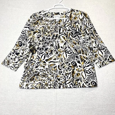 Alfred Dunner Printed Top Women's L Sequined Round Neck 3/4 Sleeve Dressy Casual - Image 1 of 4
