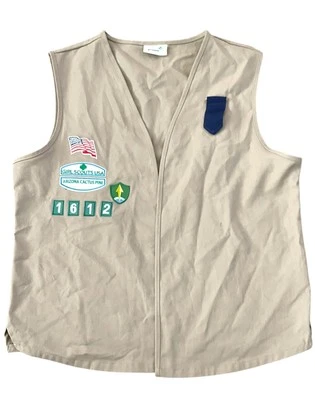 Vintage Girl Scouts Tan Vest Cadet Sr. Vest Sz Large Teen Attached Patches Pins - Image 1 of 4