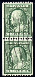US 348 1c 1908 Franklin double line wmk perf 12 vert. coil pair PF grade 85 used - Picture 1 of 3