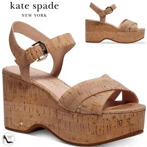 Kate Spade Jasper Tan Cork Platform Wedges Ankle Strap Open Toe Comfy Sandals 9 - Picture 1 of 11