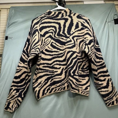 Forever 21 Cardigan Womens Medium Beige Black Zebra Stripes Pullover Sweater - Image 1 of 4