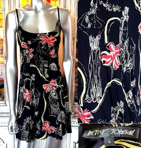 Vestido sin mangas vintage Betsey Johnson años 90 victoriano para mujer estampado de lazos negro cabaña S - Imagen 1 de 15