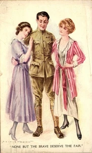 Vintage Military Postcard Artist Archie Gunn WWI Soldier with 2 Woman 1918 - Picture 1 of 3