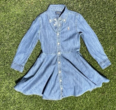 Ralph Lauren Niñas Talla 5 Azul Denim Camisa Vestido Manga Larga Bolsillos Carne Poni Foto 1 de 4