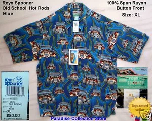 NEW REYN SPOONER BEAUTIFUL OLD SCHOOL HOT RODS MONSTER CAR BLUE 100% RAYON XL - Picture 1 of 10