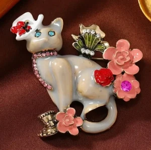 Kirks Folly style UNSIGNED Cat Top Hat Flowers Fairy Wings Tea Cup Enamel Brooch - Picture 1 of 5